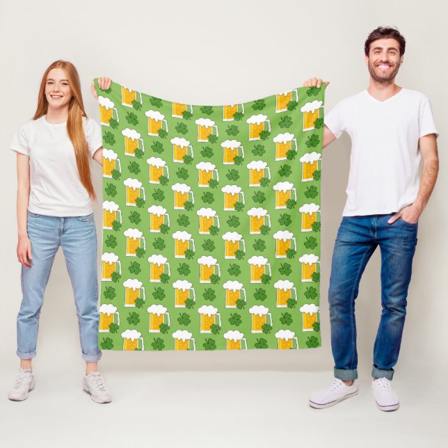 Irish Beer Mug with Shamrock Clover Pattern Fleece Blanket (In Situ)