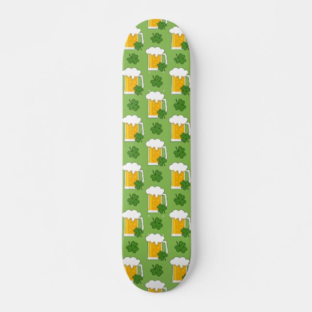 Irish Beer Mug with Shamrock Clover Pattern Skateboard (Front)