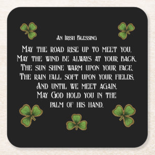 Irish Blessing and Shamrocks Black and Green Square Paper Coaster