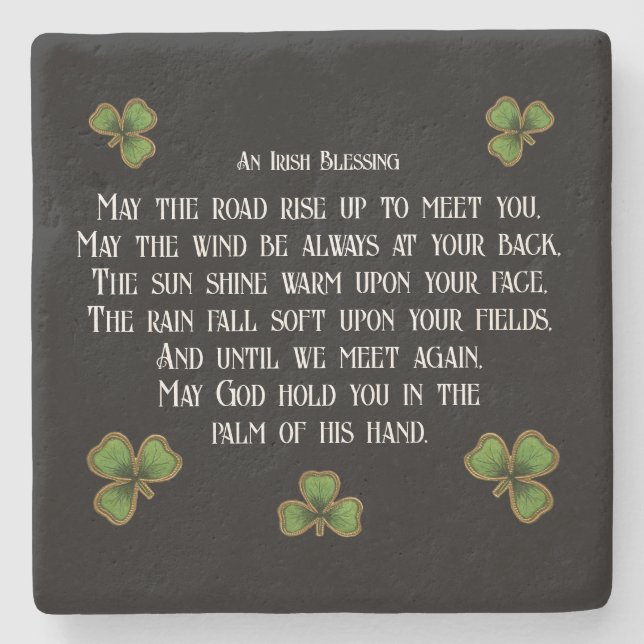 Irish Blessing and Shamrocks Black and Green Stone Coaster (Front)
