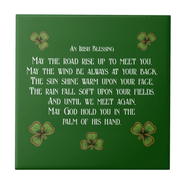 Irish Blessing and Shamrocks Dark Green Tile (Front)
