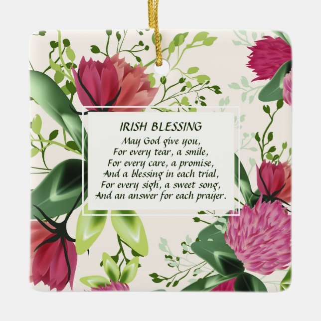Irish Blessing Red Green Clover Christmas Ceramic Ornament (Front)
