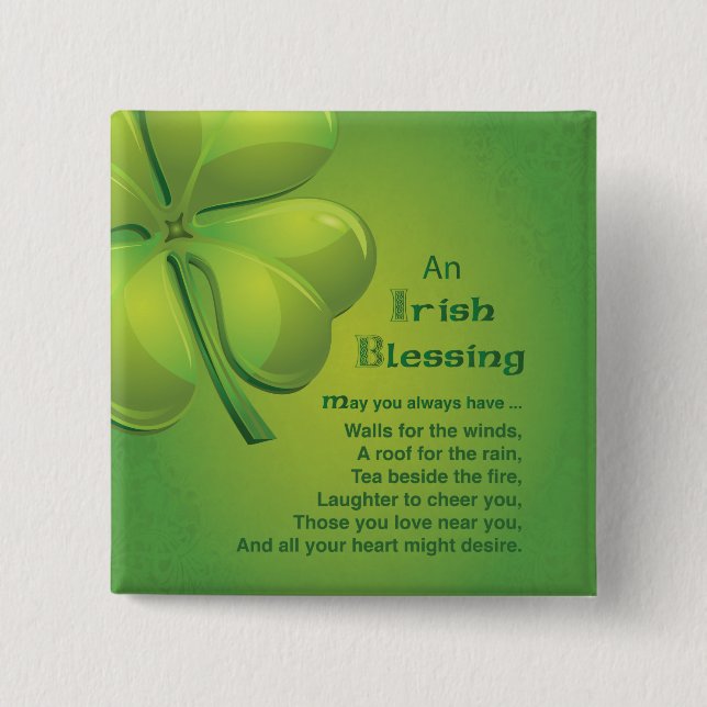 Irish Blessings Green Shamrock, Celtic 15 Cm Square Badge (Front)