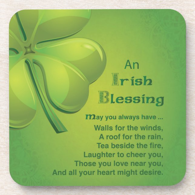 Irish Blessings Green Shamrock, Celtic Coaster (Front)