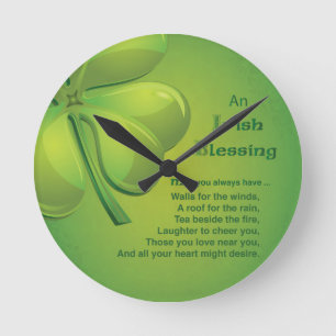 Irish Blessings Green Shamrock, Celtic Round Clock