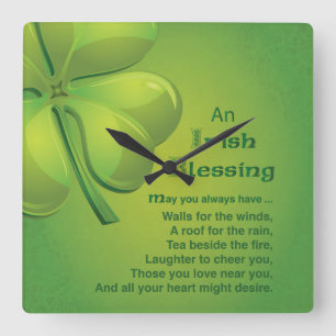 Irish Blessings Green Shamrock, Celtic Square Wall Clock