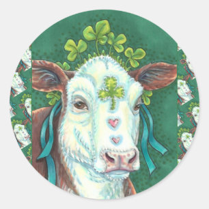 IRISH BRED ST. PATRICK'S DAY HEIFER, SHAMROCK COW CLASSIC ROUND STICKER