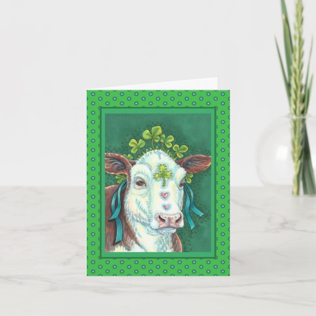 IRISH BRED ST. PATRICK'S DAY HEIFER, SHAMROCK COW HOLIDAY CARD (Front)