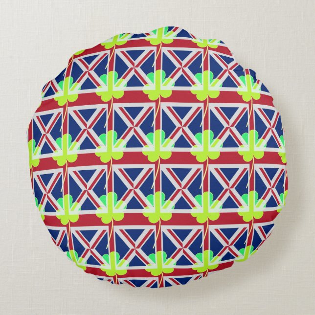 Irish British Flag Shamrock Clover St. Patrick UK Round Cushion (Back)