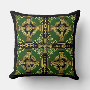 Irish Celtic cross/black/gold/green cross design Cushion