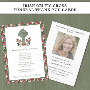 IRISH CELTIC CROSS RED & PINK ROSES RELIGIOUS THANK YOU CARD