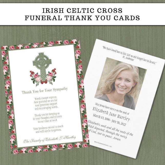 IRISH CELTIC CROSS RED & PINK ROSES RELIGIOUS  THANK YOU CARD (Creator Uploaded)