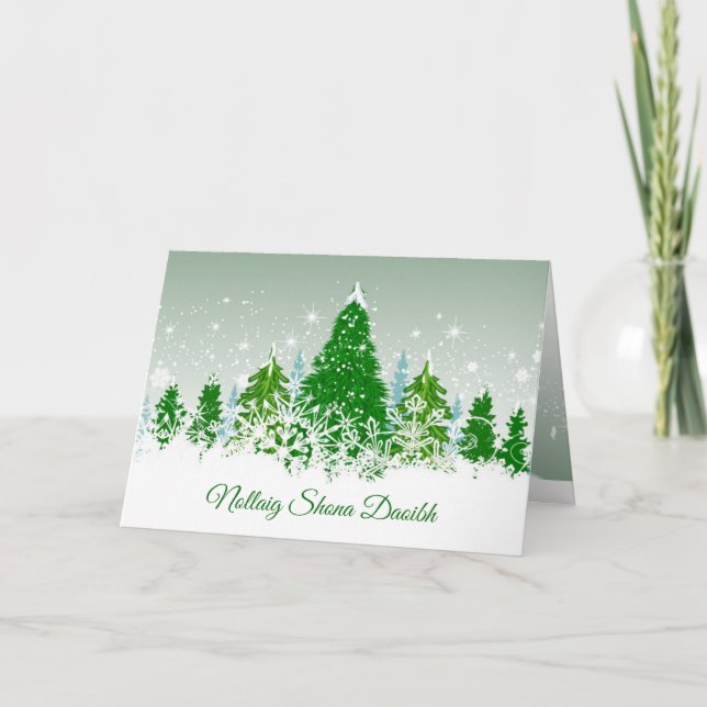 Irish Christmas, snowy green fir trees Holiday Card (Front)