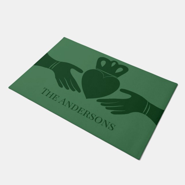 Irish Claddagh Ring Graphic Green Personalised Doormat (Angled)