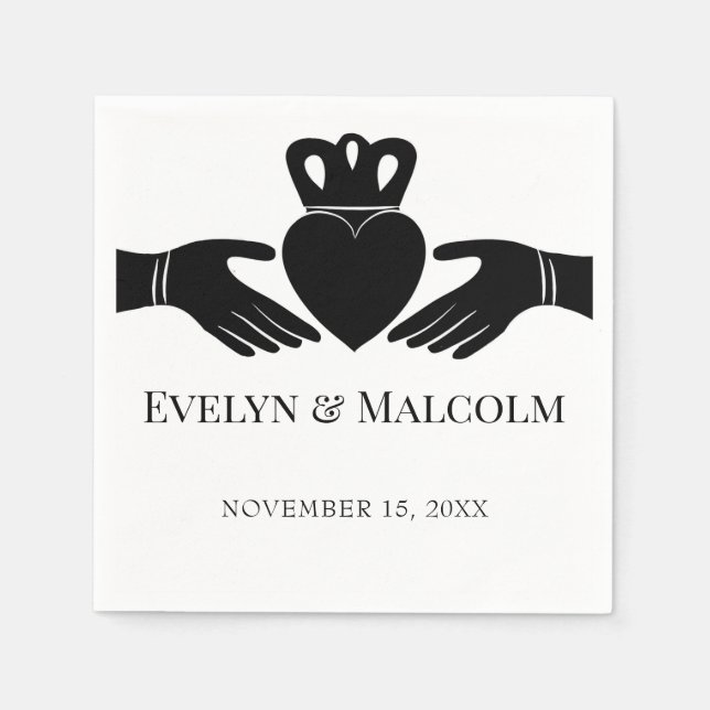 Irish Claddagh Ring Simple Black and White Wedding Napkin (Front)