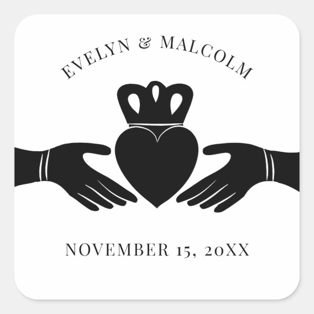 Irish Claddagh Ring Simple Black and White Wedding Square Sticker (Front)