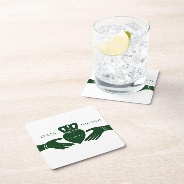 Irish Claddagh Ring Simple Graphic Green Wedding Square Paper Coaster (Insitu)