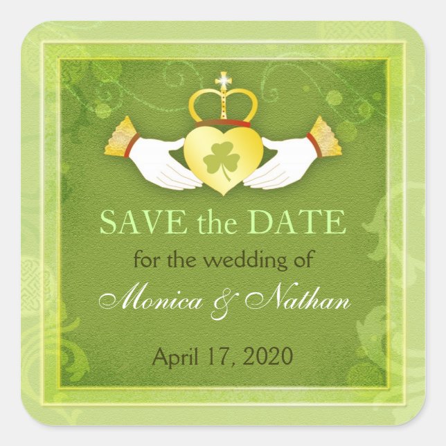 Irish Claddagh Ring Wedding Save the Date Square Sticker (Front)