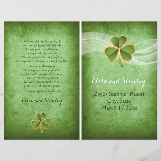 Irish clover and veil wedding green program (Front)