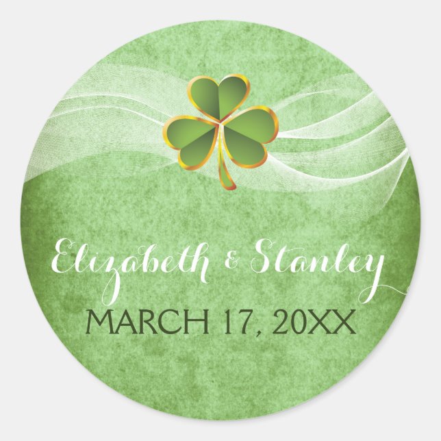 Irish clover and veil wedding Save the Date Classic Round Sticker (Front)