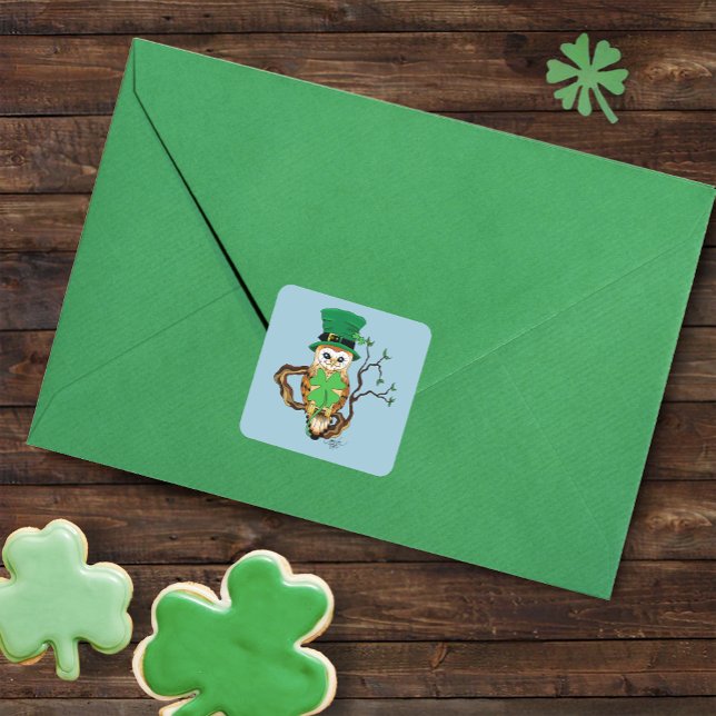 Irish Clovers Owl Green Square Sticker (Creator Uploaded)