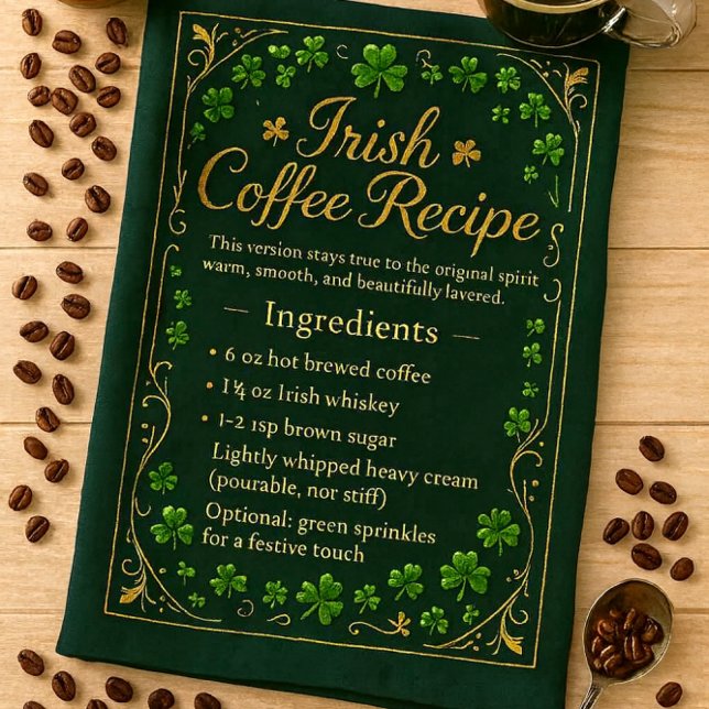 Irish Coffee Recipe St Patrick's Day  Tea Towel (Irish coffee recipe kitchen towel for coffee lovers )