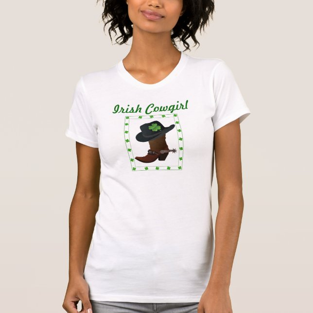 Irish Cowgirl Shamrock Boots Hat St. Patrick's Day T-Shirt (Front)