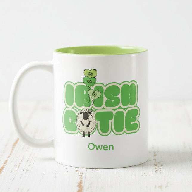 Irish Cutie Shamrock Sheep Two-Tone Coffee Mug (Irish Kids Coffee Mugs. Green Irish Cutie Typography, Name. Cartoon Sheep, Shamrock Heart Balloons)