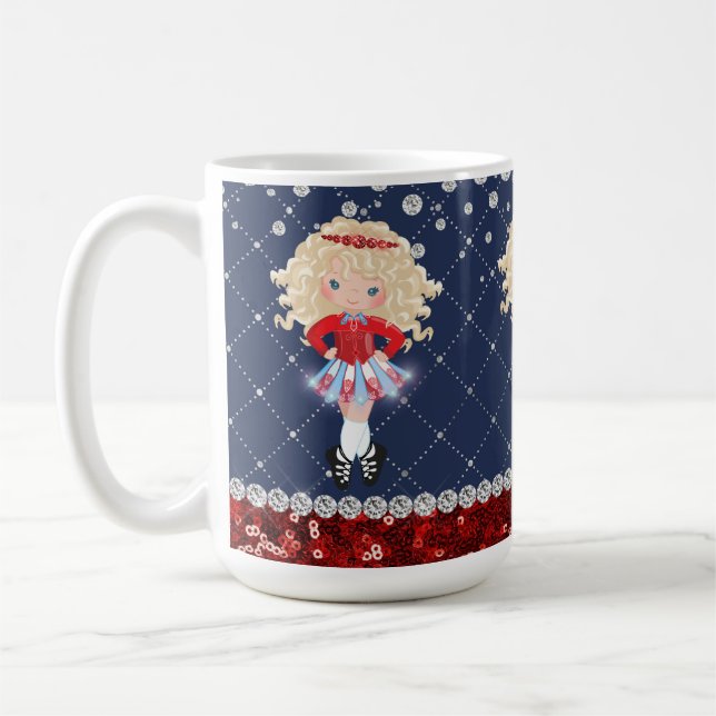 Irish Dance Blonde Girl Soft Shoe Red, Blue Coffee Mug (Left)