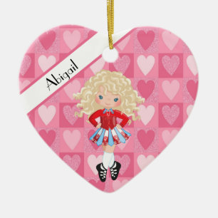 Irish Dance Pink Monochrome Heart Christmas Ceramic Tree Decoration
