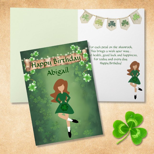Irish Dance Shamrock Wishes Brown Hair Birthday Card (Creator Uploaded)