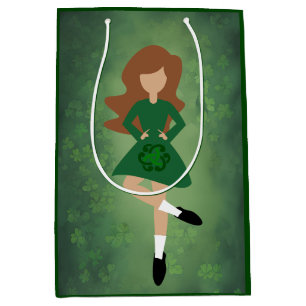 Irish Dancer with Brown Hair Green Clovers Dance Medium Gift Bag