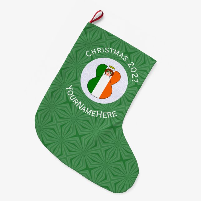 Irish Flag Christmas Angel Year Name Large Christmas Stocking (Front (Hanging))
