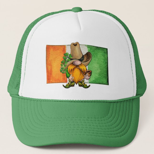 Irish Flag Cowboy Gnome Lucky Trucker Hat (Front)
