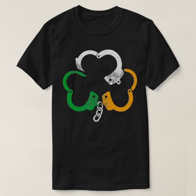 Irish Flag Handcuffs Shamrock Police St Patricks D T-Shirt (Design Front)