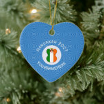 Irish Flag Hanukkah Angel Name Year Heart Ceramic Tree Decoration<br><div class="desc">The flag of Ireland is worn by an angel on heart shaped ceramic ornament item for holiday or Hanukkah decor. The Hanukkah Irish flag angel flies on a background of blue squiggly squares inside a circle of white squiggly squares. Add a name to personalize. Customize with the year. If you...</div>