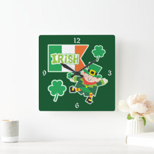Irish Flag Leprechaun Square Wall Clock