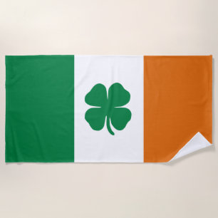 Irish Flag Patriotic Ireland Flag Four leaf clover Beach Towel