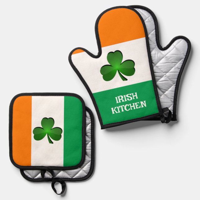 Irish Flag & Shamrock Design  Oven Mitt & Pot Holder Set (Front/Back)
