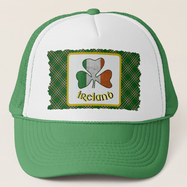  Irish Flag Shamrock Irish National Tartan Trucker Hat (Front)