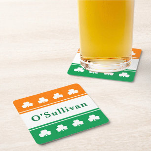 Irish Flag Shamrock Monogram Last Name Square Paper Coaster