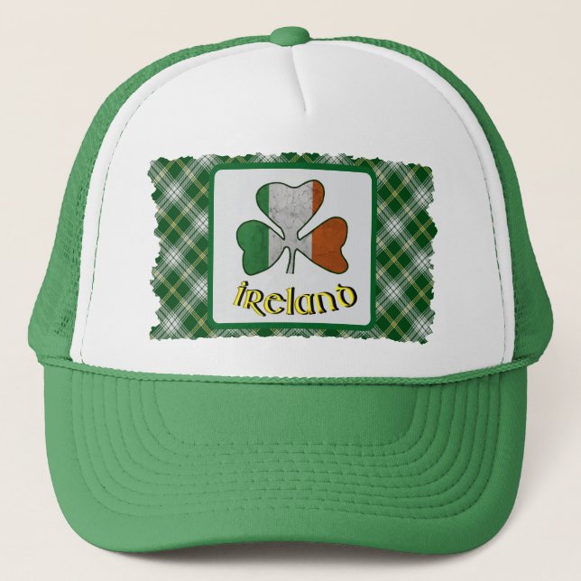  Irish Flag Shamrock St Patrick Tartan Trucker Hat (Front)