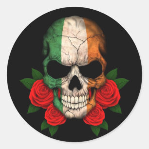 Irish Flag Skull with Red Roses Classic Round Sticker