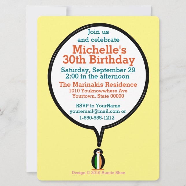 Irish Flag Talking Ms. Penguin Party Invitation (Front)