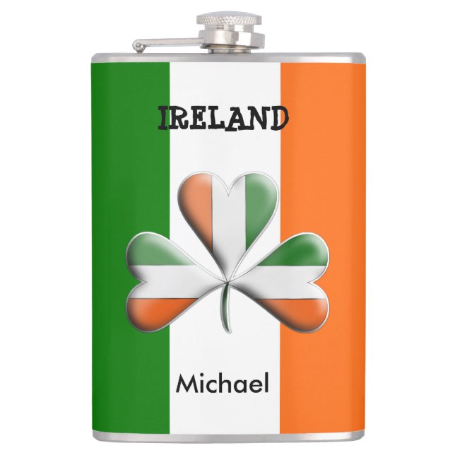 Irish Flag Tri Colours Themed Shamrock Hip Flask (Front)