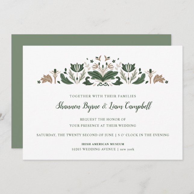 Irish Folk Art | Modern Floral Celtic Wedding Invitation (Front/Back)