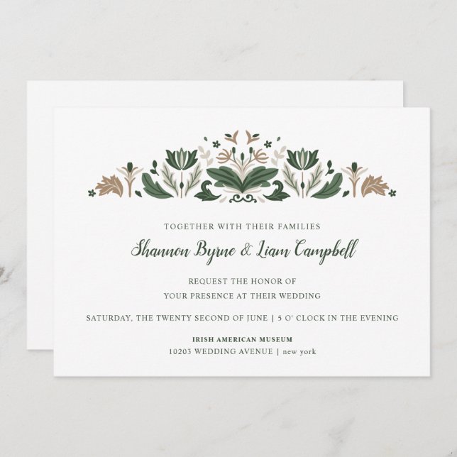 Irish Folk Art | Modern Floral Celtic Wedding Invitation (Front/Back)