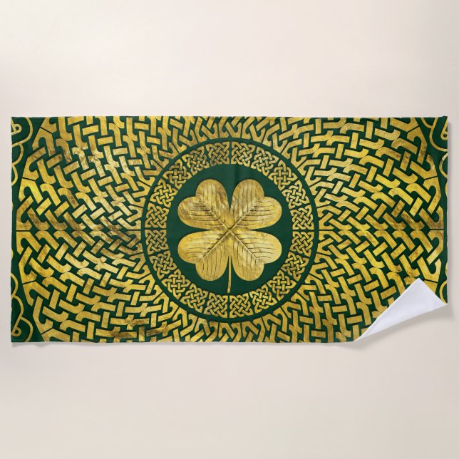 Irish Four-leaf clover with Celtic Knot Beach Towel (Front)