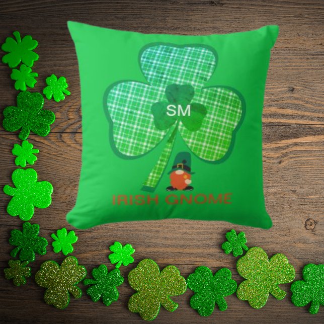 Irish Gnome Monogram Shamrock St Patricks Cushion (Creator Uploaded)