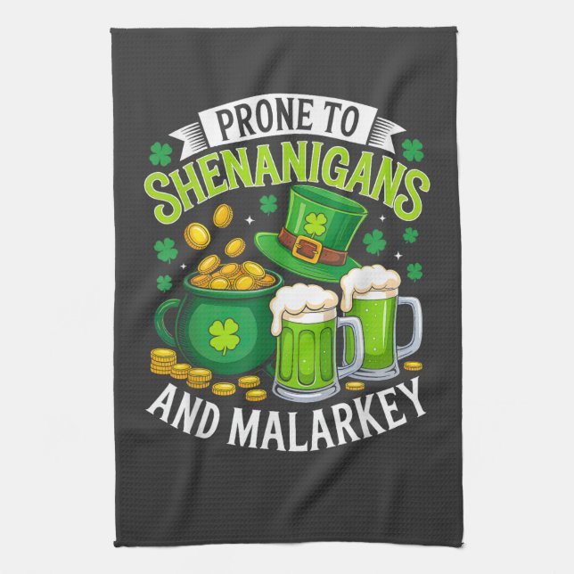 Irish Gnome St Patricks Prone to Shenanigans  Tea Towel (Vertical)